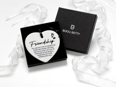 Ceramic heart friend gift keepsake, 75mm with quote and ribbon, in tissue with optional Bijou Betty box and bag.