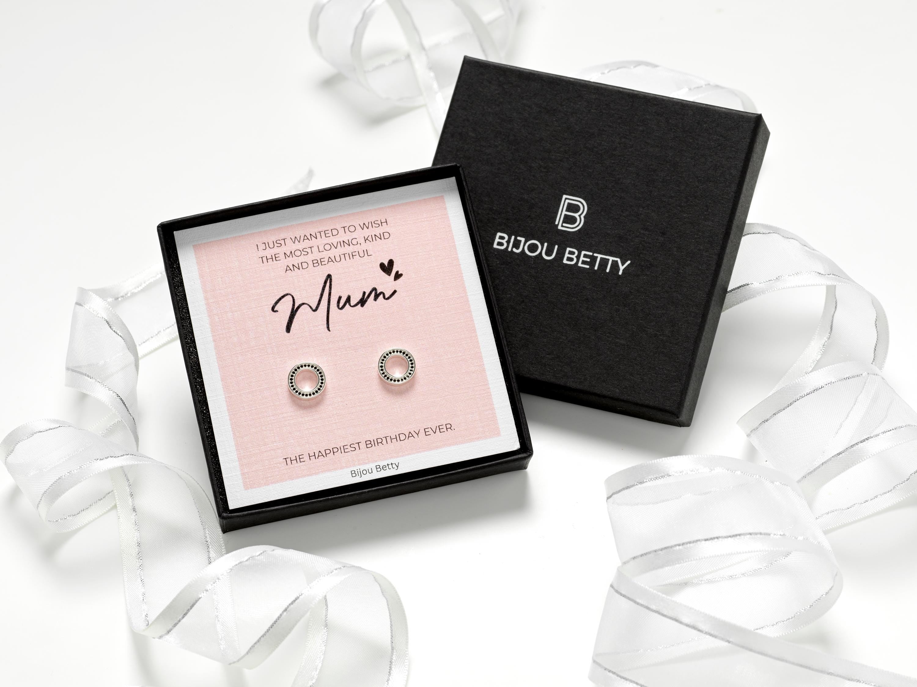 Sterling silver earrings for mum’s birthday with open circle design, black cubic zirconia, 9mm, in Bijou Betty gift box.