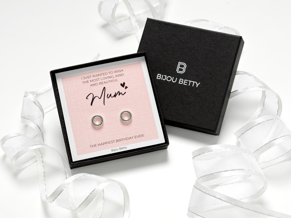 Sterling silver earrings for mum’s birthday with open circle design, black cubic zirconia, 9mm, in Bijou Betty gift box.