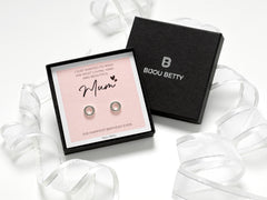 Sterling silver earrings for mum’s birthday with open circle design, black cubic zirconia, 9mm, in Bijou Betty gift box.