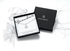 Sterling silver grandma necklace gift, 12mm daisy pendant, 16-18 inch chain, in Bijou Betty gift box with bag.