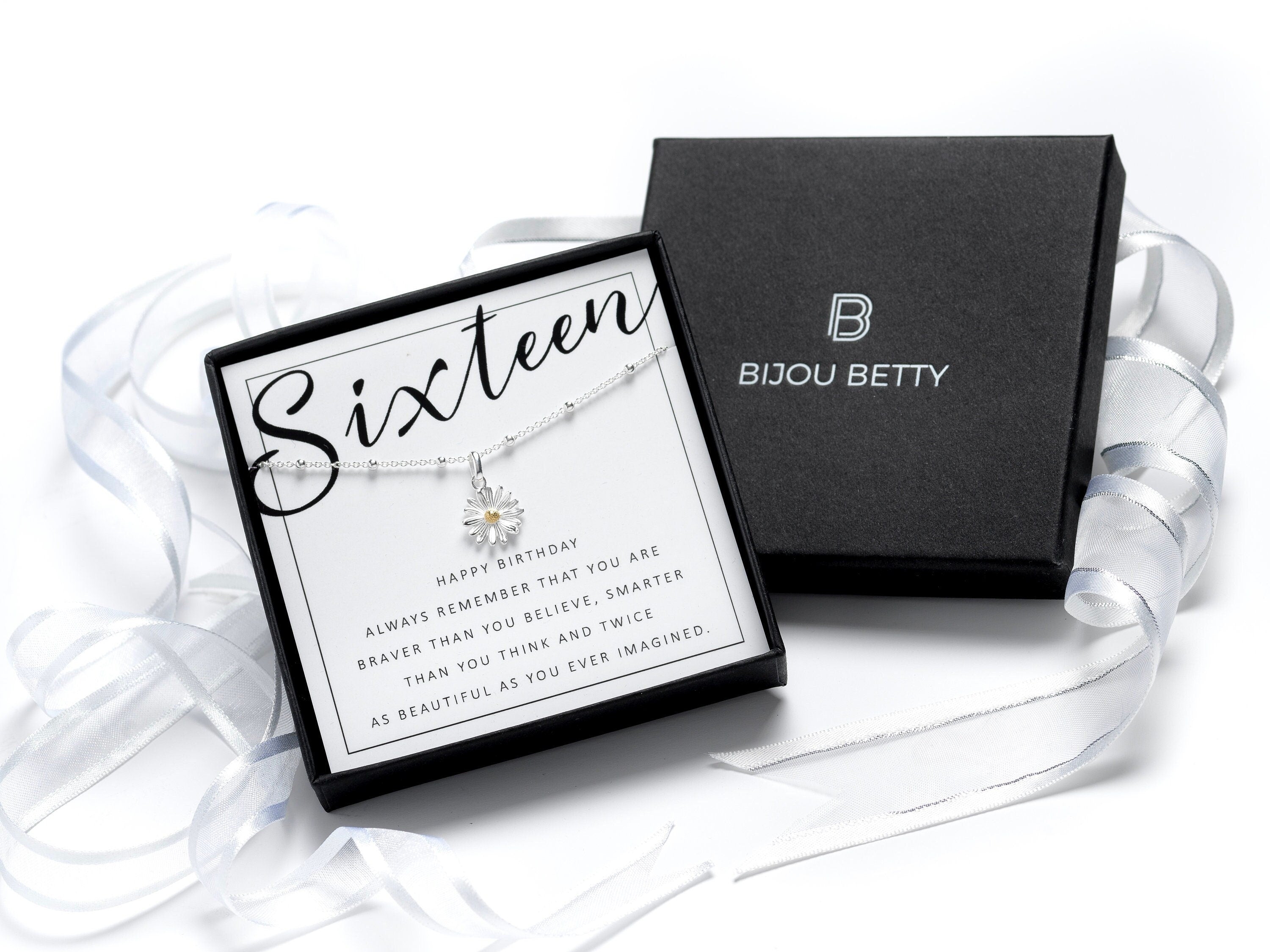 Sterling silver 16th birthday daisy necklace gift, 12mm pendant, 16-18 inch chain, in Bijou Betty gift box with bag and card.