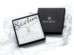 Sterling silver 16th birthday daisy necklace gift, 12mm pendant, 16-18 inch chain, in Bijou Betty gift box with bag and card.