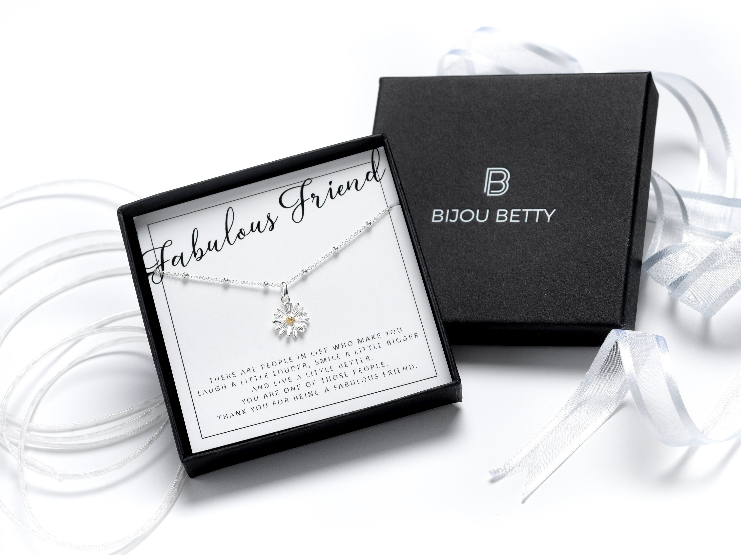 Sterling silver daisy necklace, 12mm pendant, friend gift, 925 silver, 16–18in satellite chain, in Bijou Betty gift box with bag.