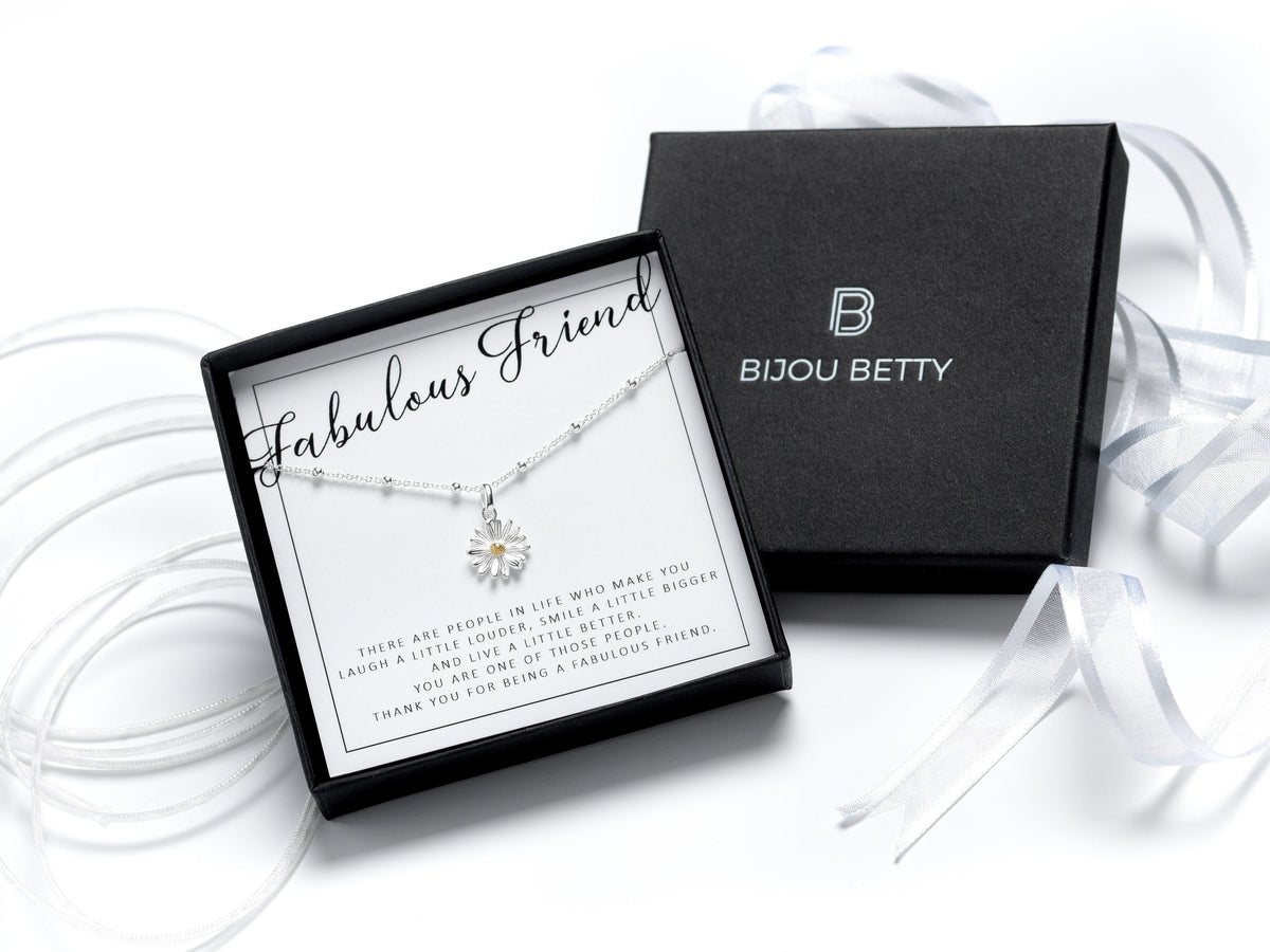 Sterling silver daisy necklace, 12mm pendant, friend gift, 925 silver, 16–18in satellite chain, in Bijou Betty gift box with bag.
