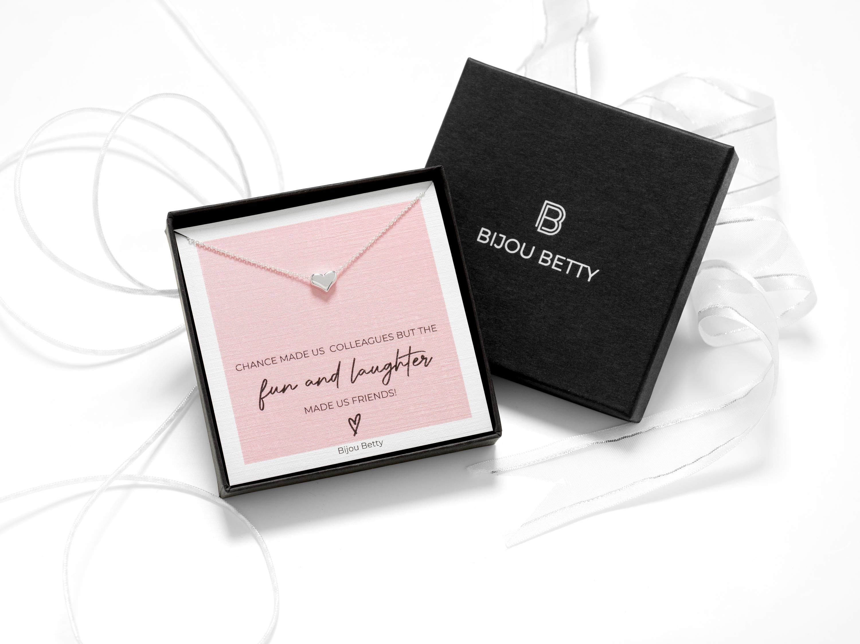 Sterling silver colleague gift necklace, 9mm heart pendant, 925 silver or gold plate, 16–18in chain, gift for work friend, in Bijou Betty gift box.