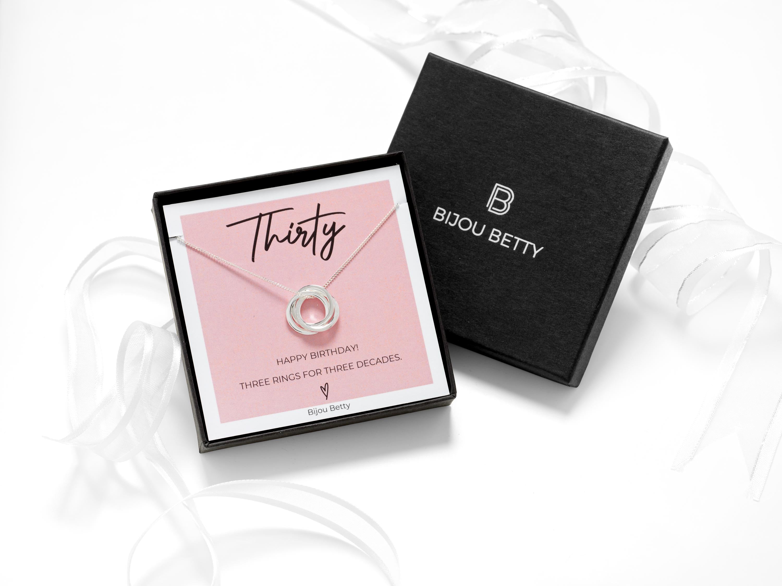 Sterling silver 30th birthday necklace, 14mm interlocked rings, 925 silver, 16–20in chain, gift for daughter, in Bijou Betty gift box.