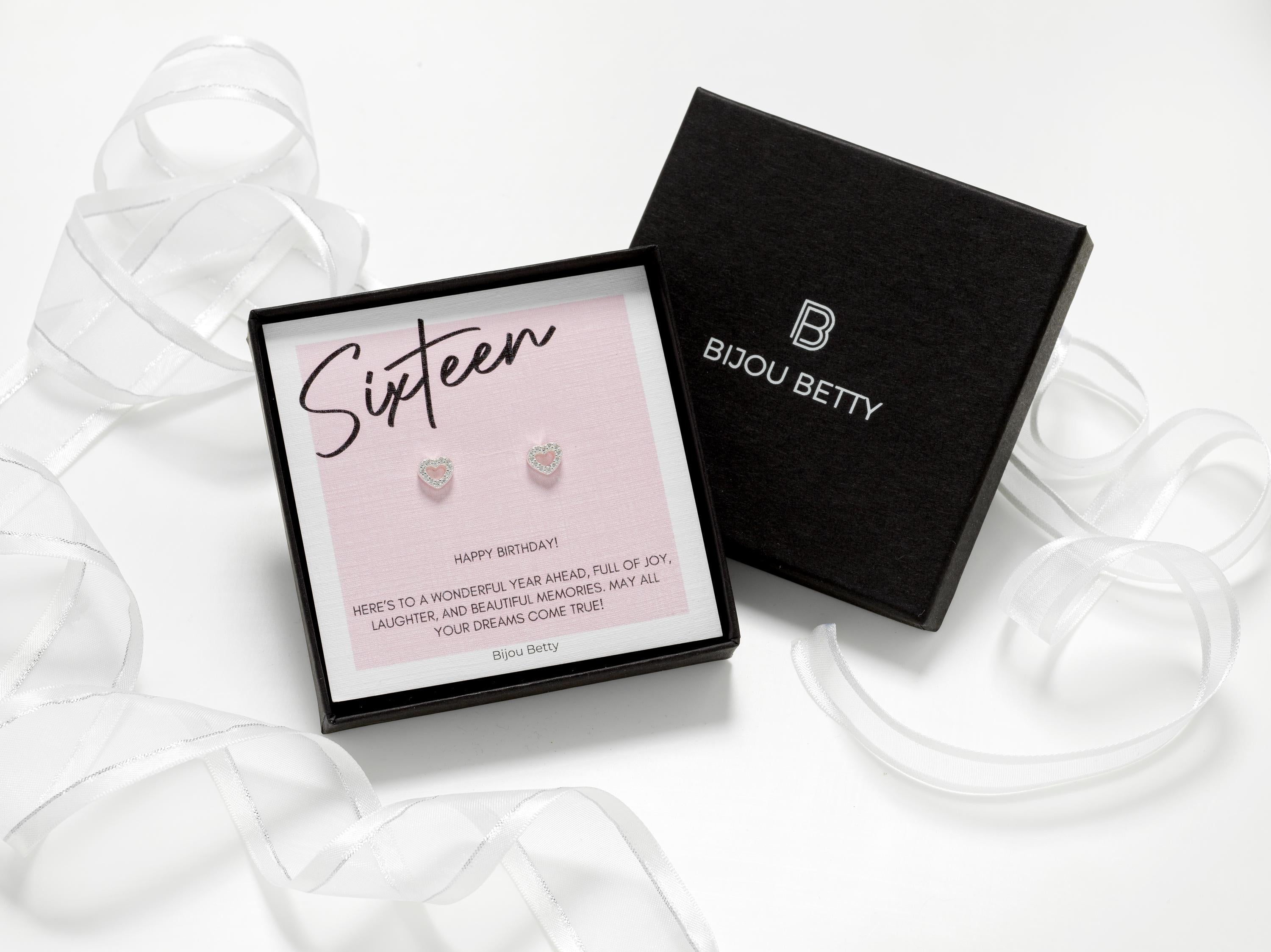 16th birthday cubic zirconia stud earrings in gift box.
