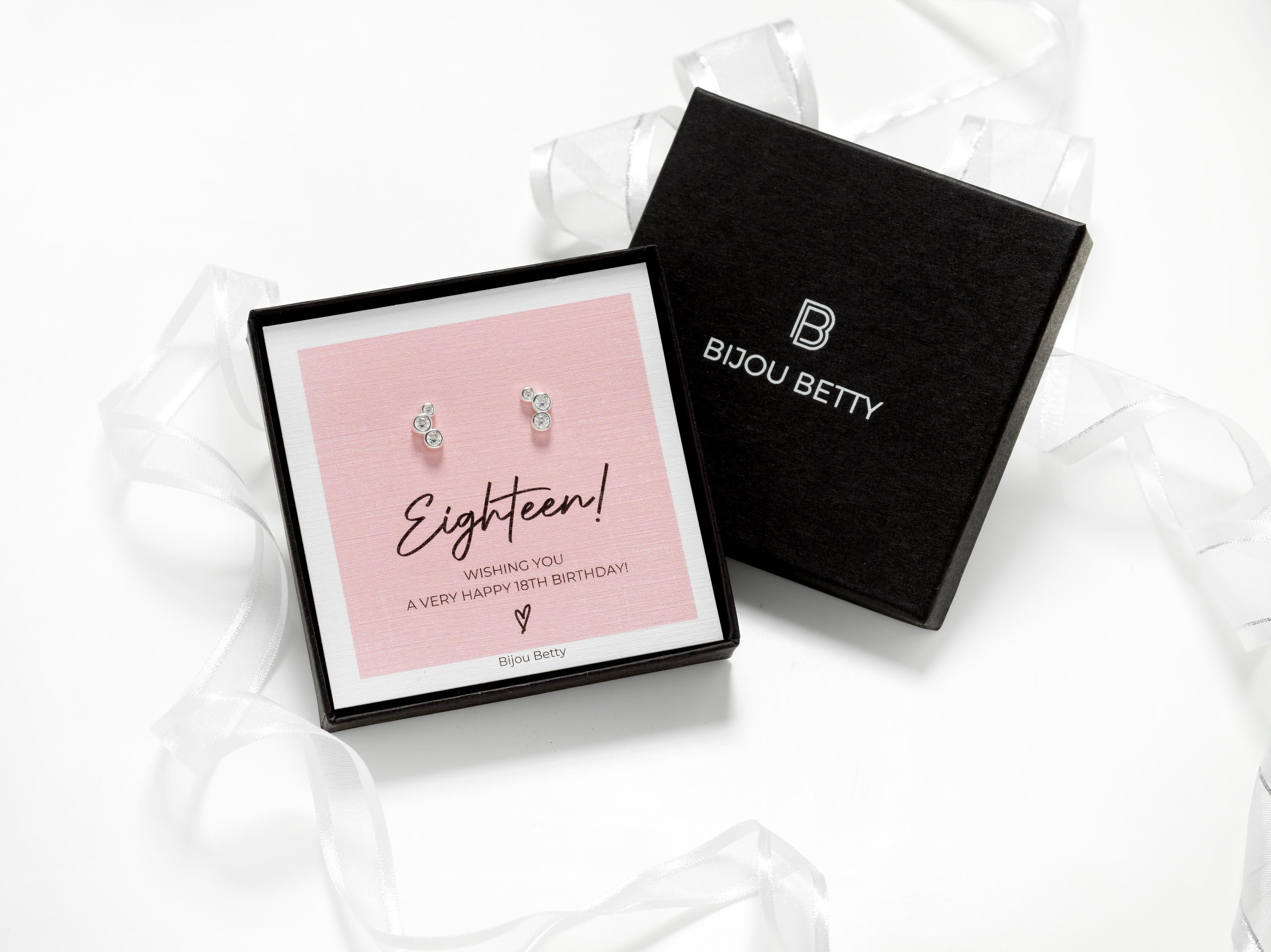 925 sterling silver earrings, 18th birthday gift for sister, 9.5mm x 6mm CZ studs, Bijou Betty luxe gift box.