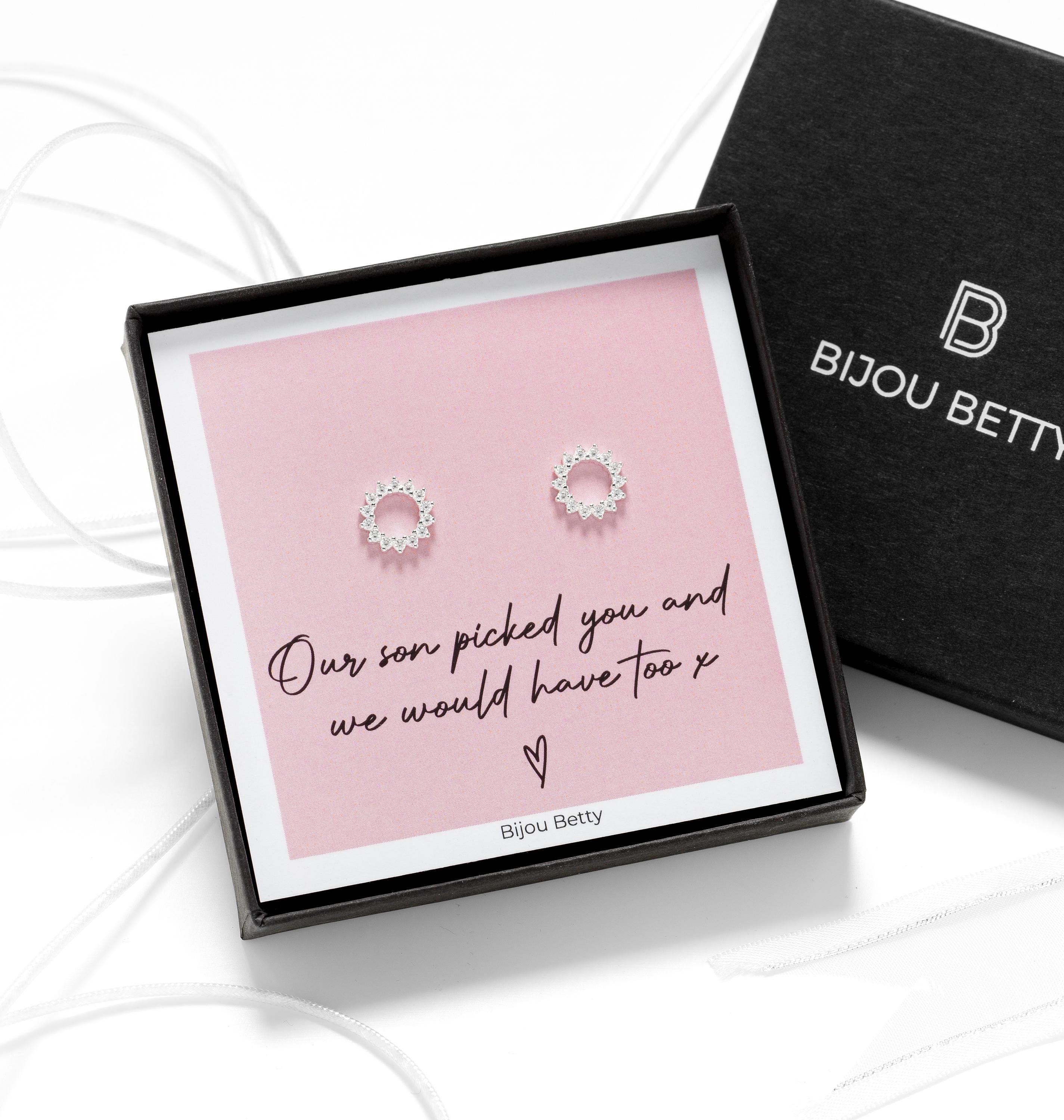 925 sterling silver earrings, birthday gift for daughter-in-law, 10mm sunburst studs, Bijou Betty luxe gift box.