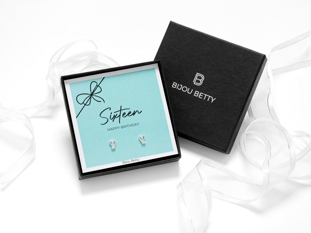 Sterling silver 16th birthday earrings, 7mm x 5mm CZ heart studs, 925 silver, gift for daughter, in Bijou Betty gift box.