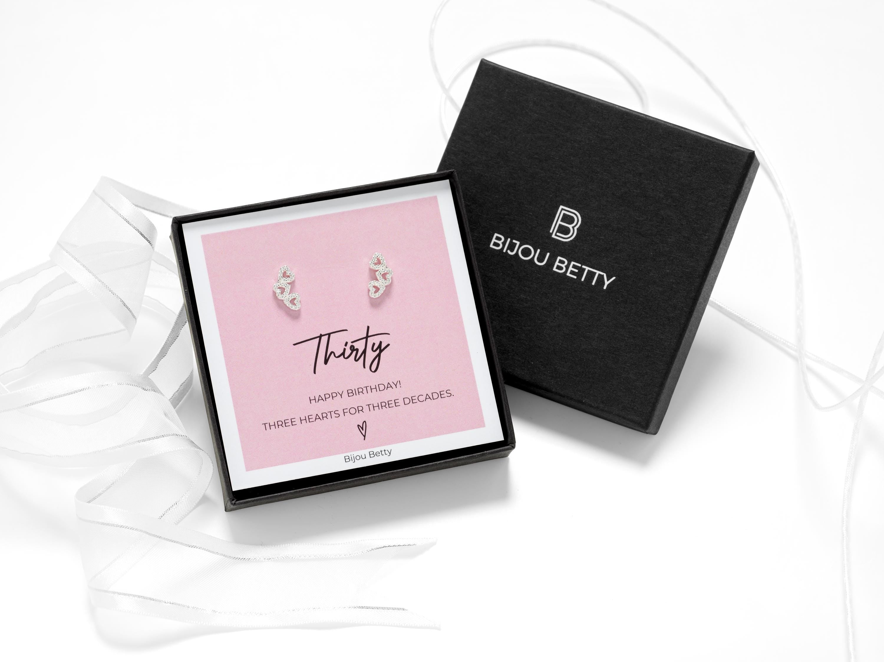 30th birthday, 3 heart earrings in a gift box.