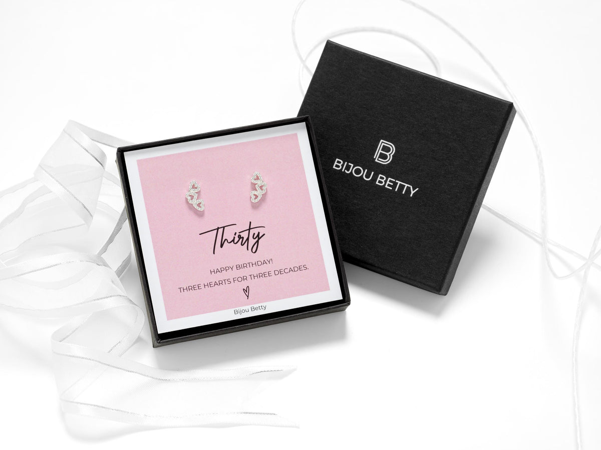 30th birthday, 3 heart earrings in a gift box.