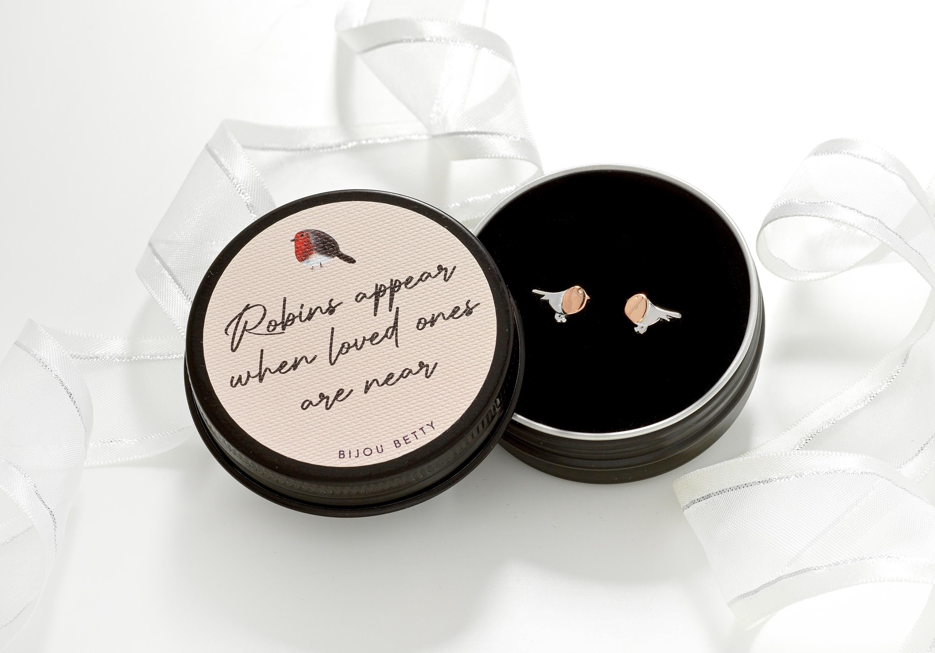 Bijou Betty’s robin stud earrings gift set, with 925 sterling silver rose gold-plated studs in a gift box with the quote, Robins appear when loved ones are near. Optional gift bag.