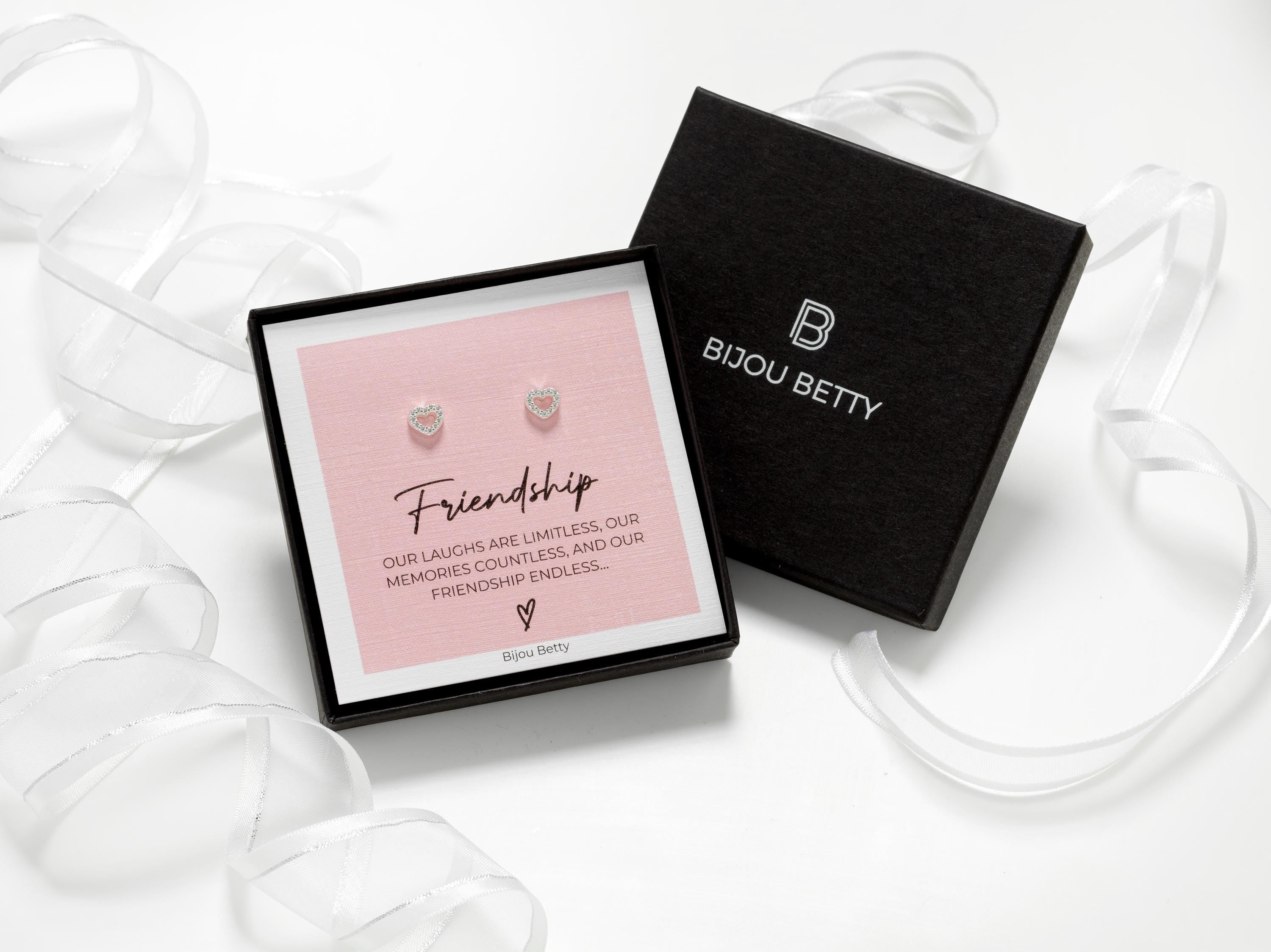 Bijou Betty’s friendship gift set, 925 silver heart stud earrings in gift box with bag, tissue, and card: Friendship - Our laughs…