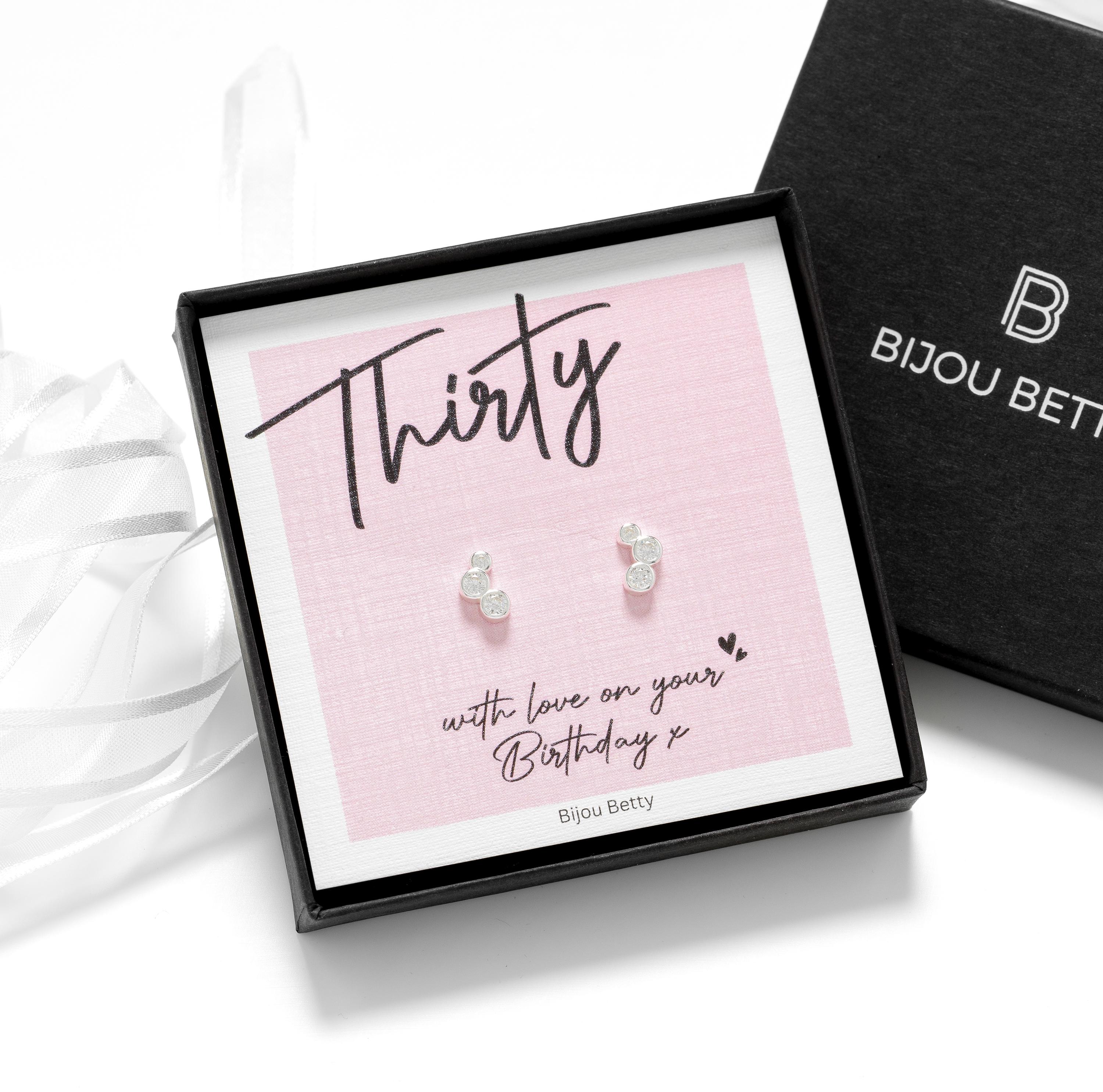 Close up of 30th Birthday Jewellery.  Silver cubic zirconia stud earrings, card and gift box.