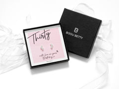 Bijou Betty’s 30th birthday gift set, 925 silver heart stud earrings in gift box with bag, tissue, and card THIRTY-with love on your birthday!