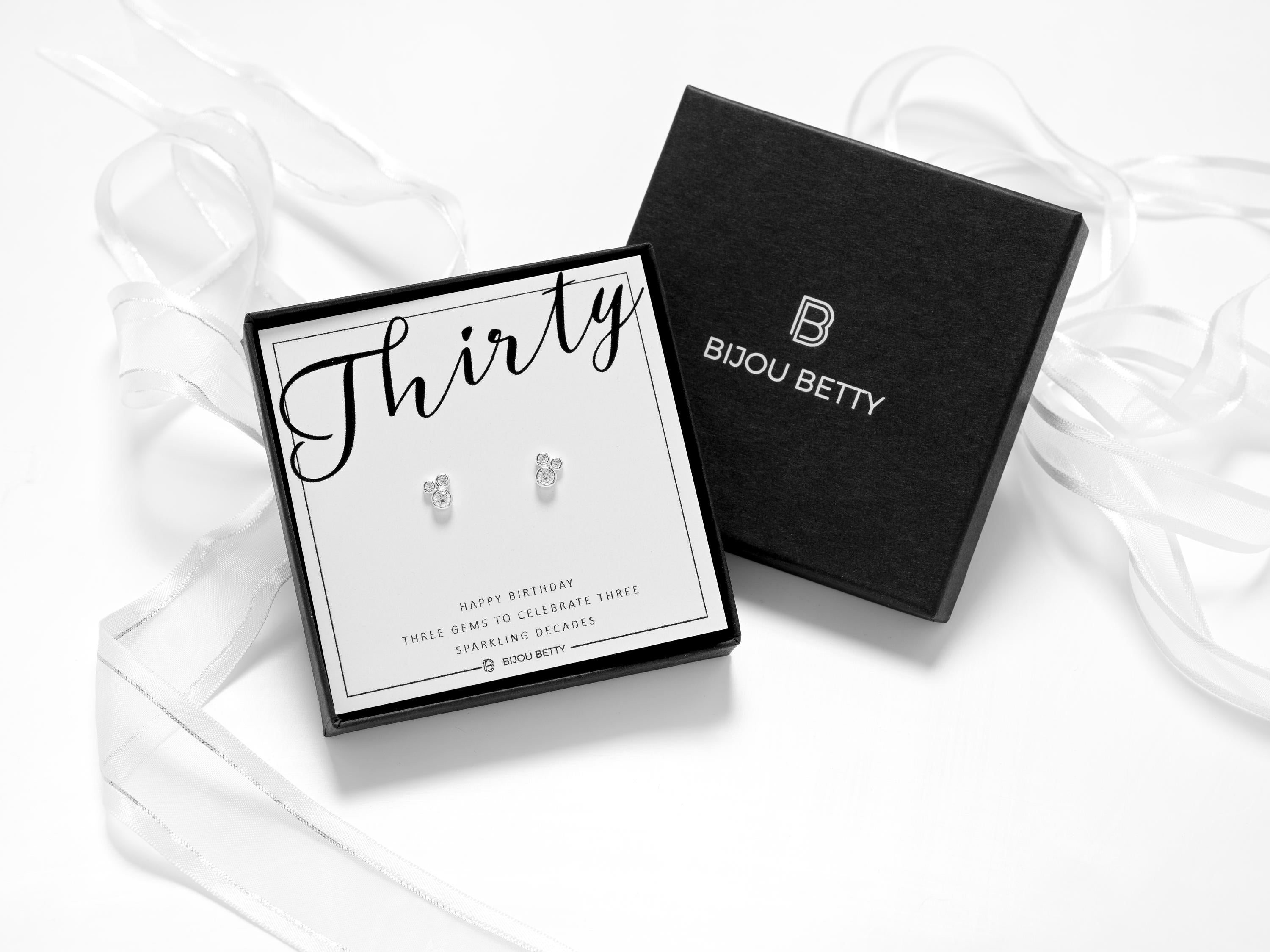 Bijou Betty 30th birthday earrings with gift bag, tissue, and custom tag, ideal for sisters or friends.