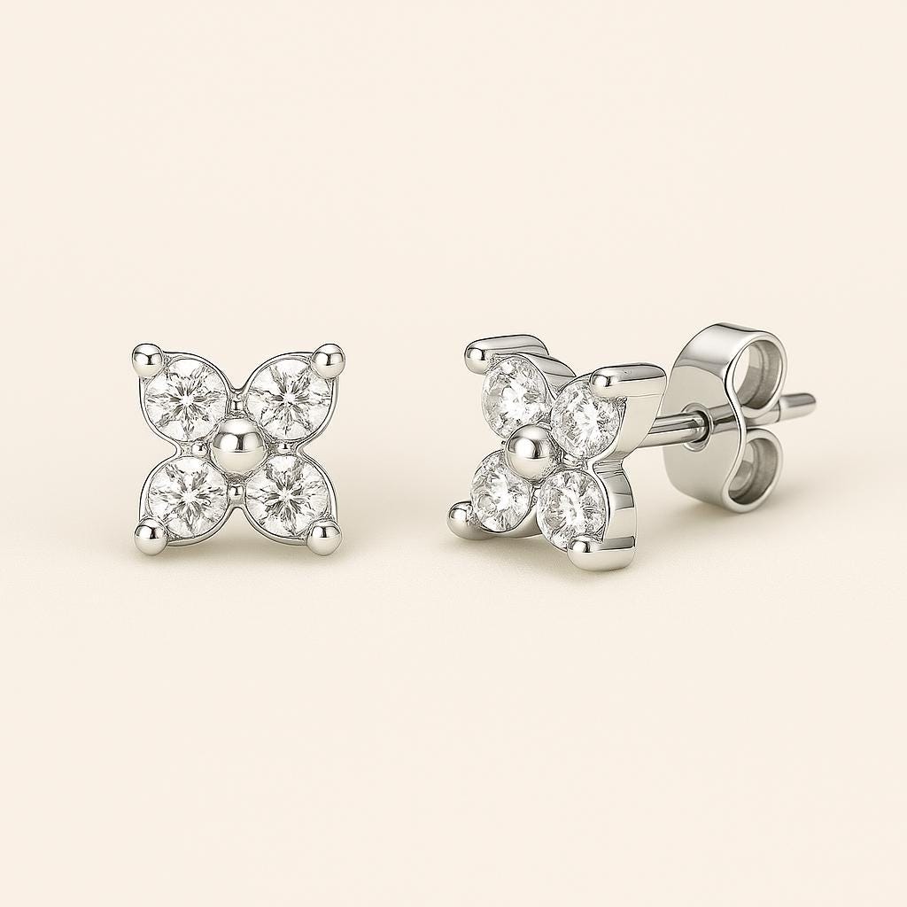 Close-up of 925 silver flower CZ earrings, perfect for work bestie birthday or leaving gift for office friends.