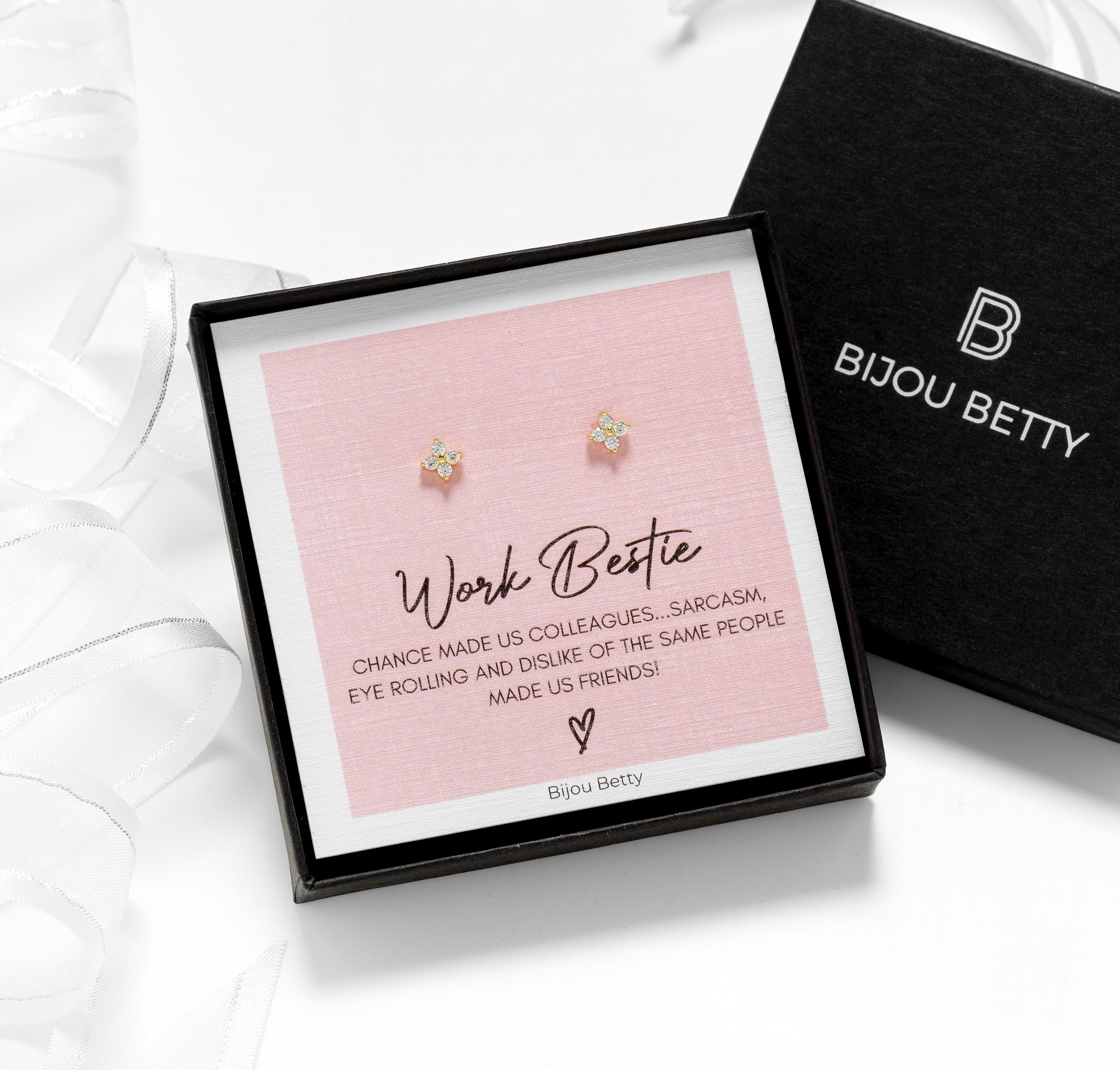Bijou Betty work bestie earrings with gift bag, tissue, and customised tag, great for colleague thank-you gifts.