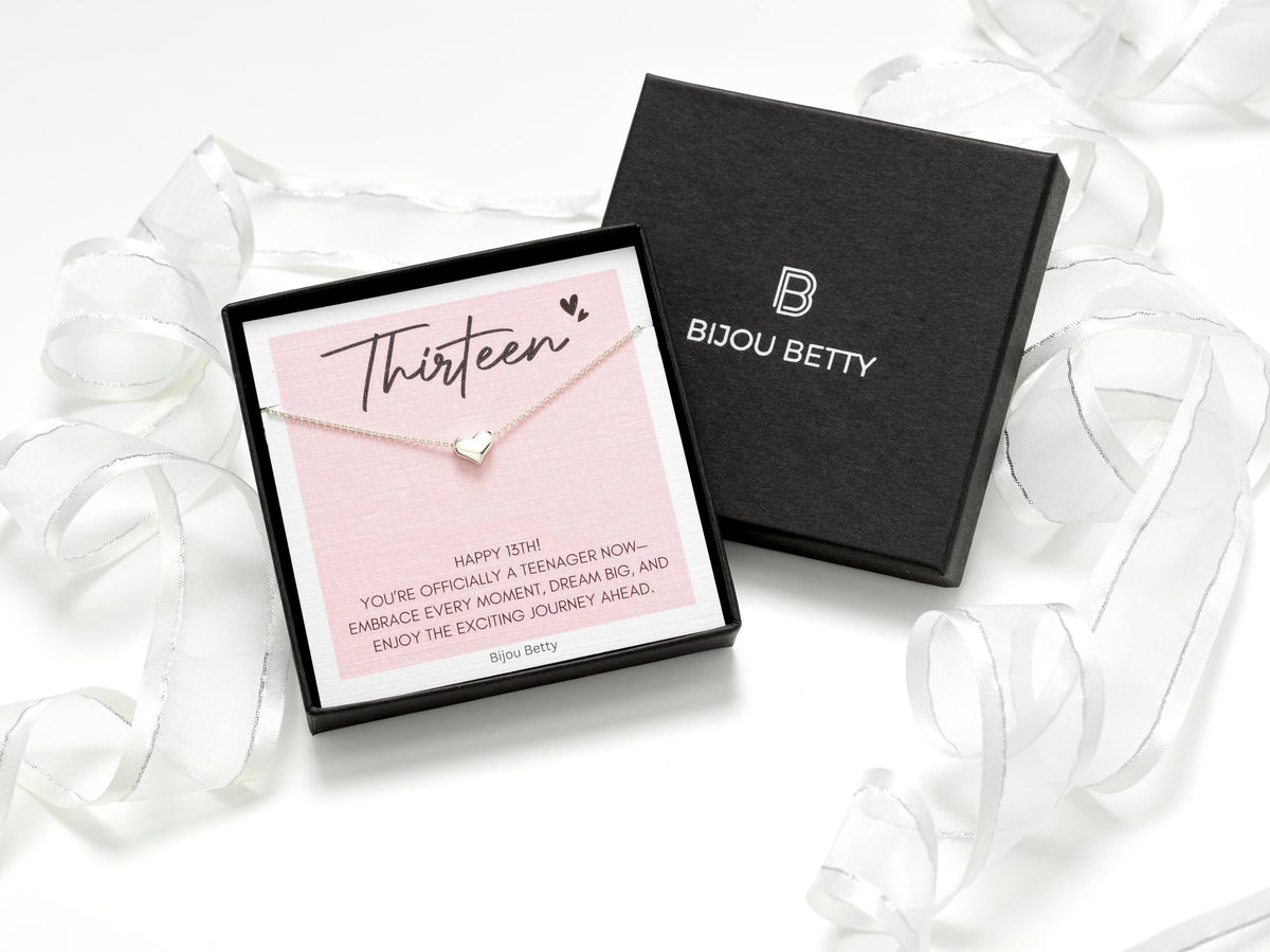 Sterling silver 13th birthday heart necklace gift for daughters, 9mm x 8mm pendant, 16-18 inch chain, in Bijou Betty gift box.