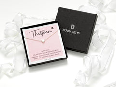 Sterling silver 13th birthday heart necklace gift for daughters, 9mm x 8mm pendant, 16-18 inch chain, in Bijou Betty gift box.