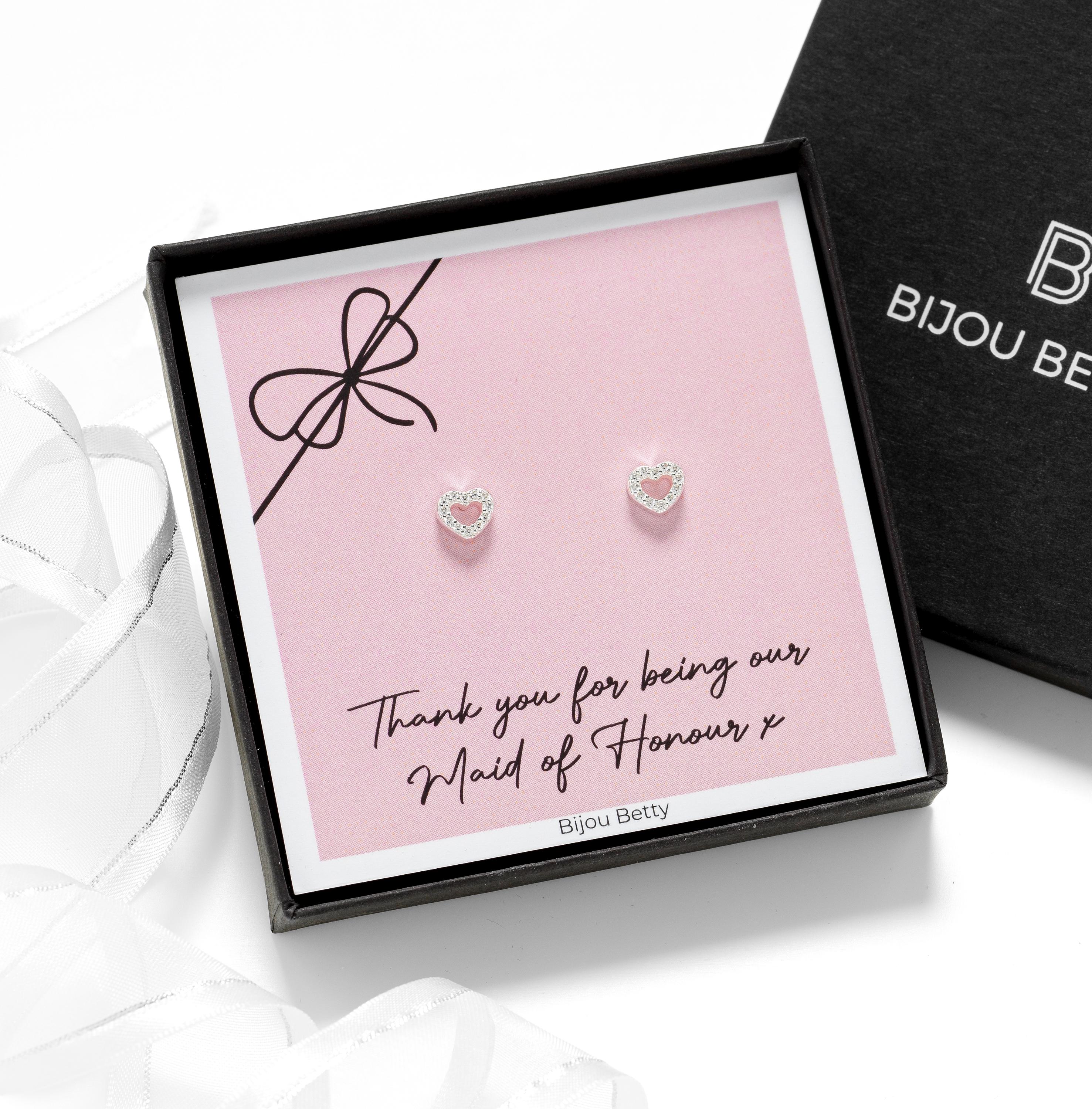 Sterling silver 6mm x 7mm open-heart stud earrings in Bijou Betty gift box with maid of honour thank you card.