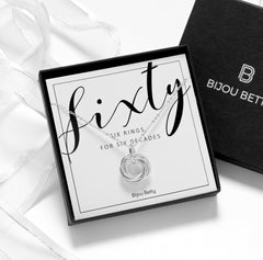 60th Birthday Gift.  Six rings for six decade sterling silver necklace in a gift box.