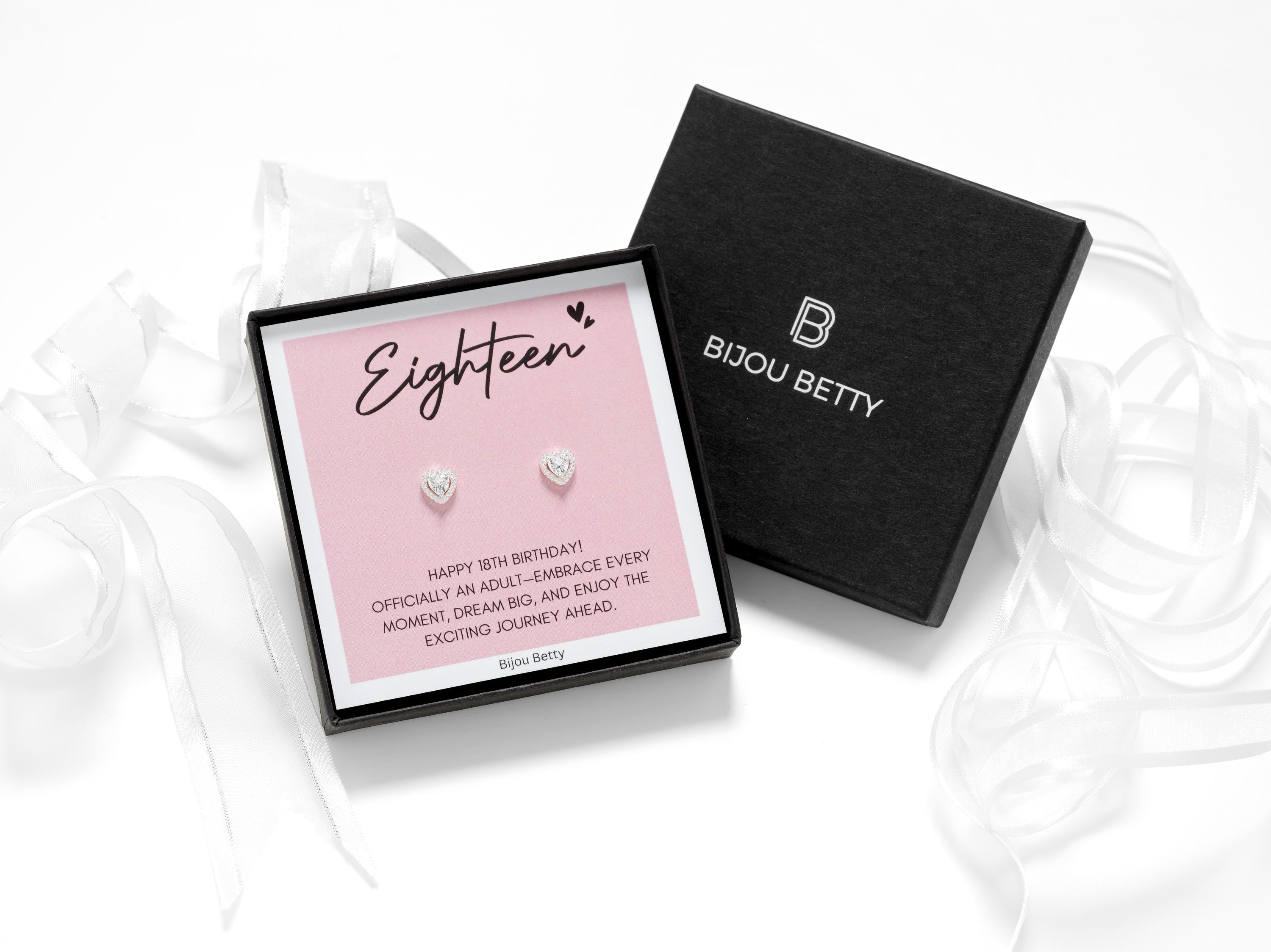 Sterling silver 7mm x 6.5mm heart stud earrings with CZ stones in Bijou Betty gift box with 18th birthday card.