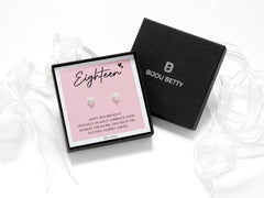Sterling silver 7mm x 6.5mm heart stud earrings with CZ stones in Bijou Betty gift box with 18th birthday card.