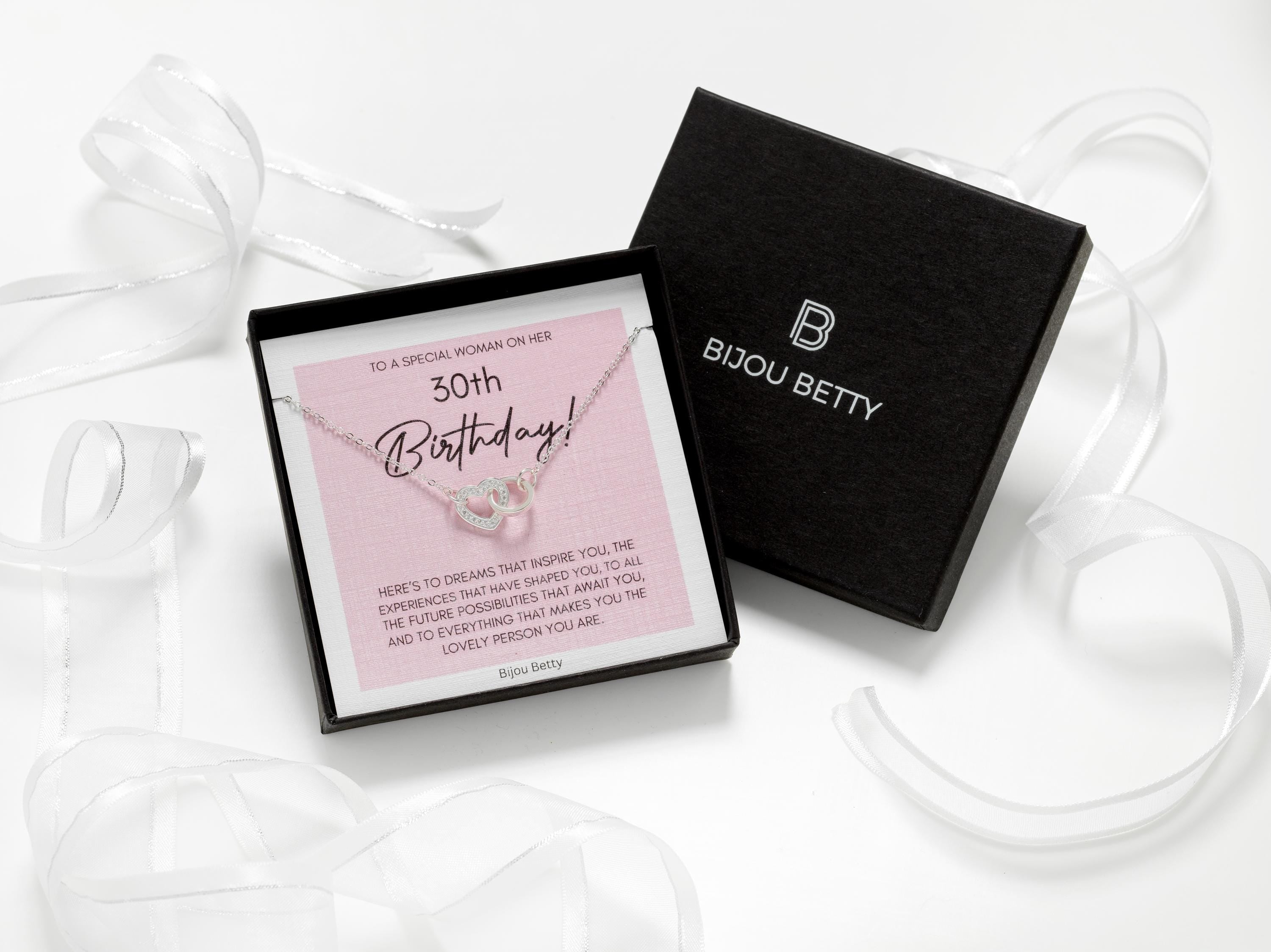 30th Birthday heart necklace in sterling silver.  Presented in a gift box.