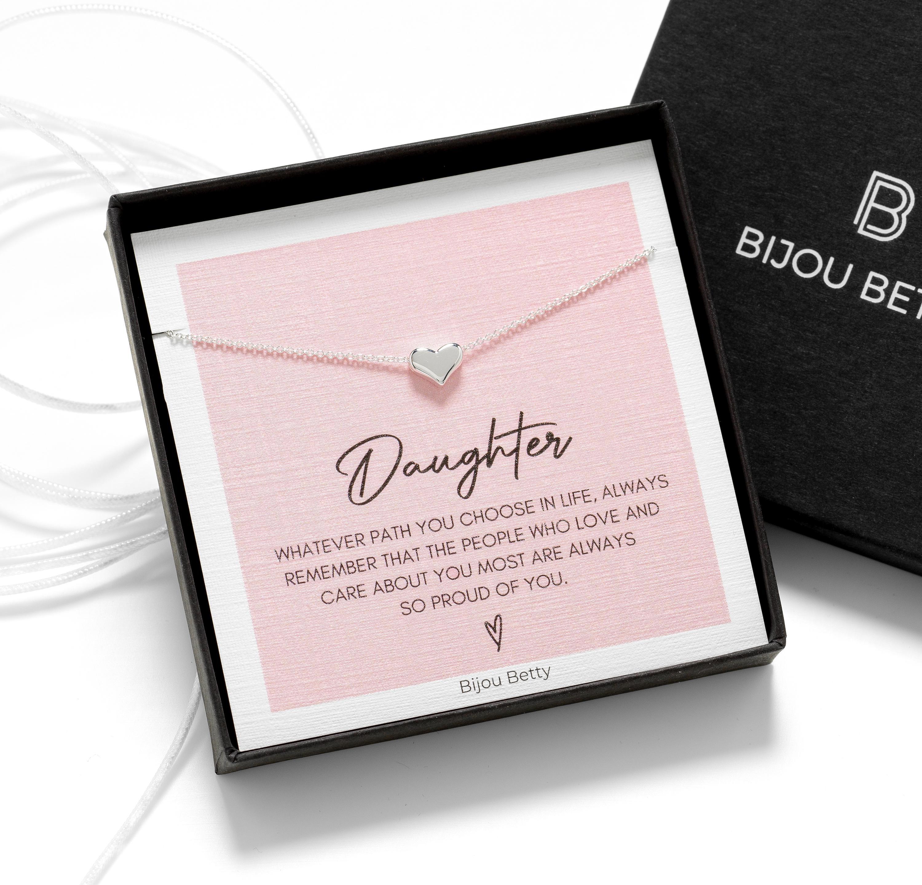 Close up of sterling silver daughter necklace, 9mm x 8mm heart pendant, 925 silver or gold plate, 16–18in chain, gift for daughter, in Bijou Betty gift box.