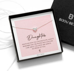 Close up of sterling silver daughter necklace, 9mm x 8mm heart pendant, 925 silver or gold plate, 16–18in chain, gift for daughter, in Bijou Betty gift box.