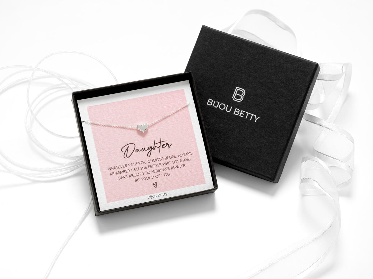 Sterling silver daughter necklace, 9mm x 8mm heart pendant, 925 silver or gold plate, 16–18in chain, gift for daughter, in Bijou Betty gift box.