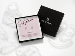 16th Birthday heart CZ studs in gift box.