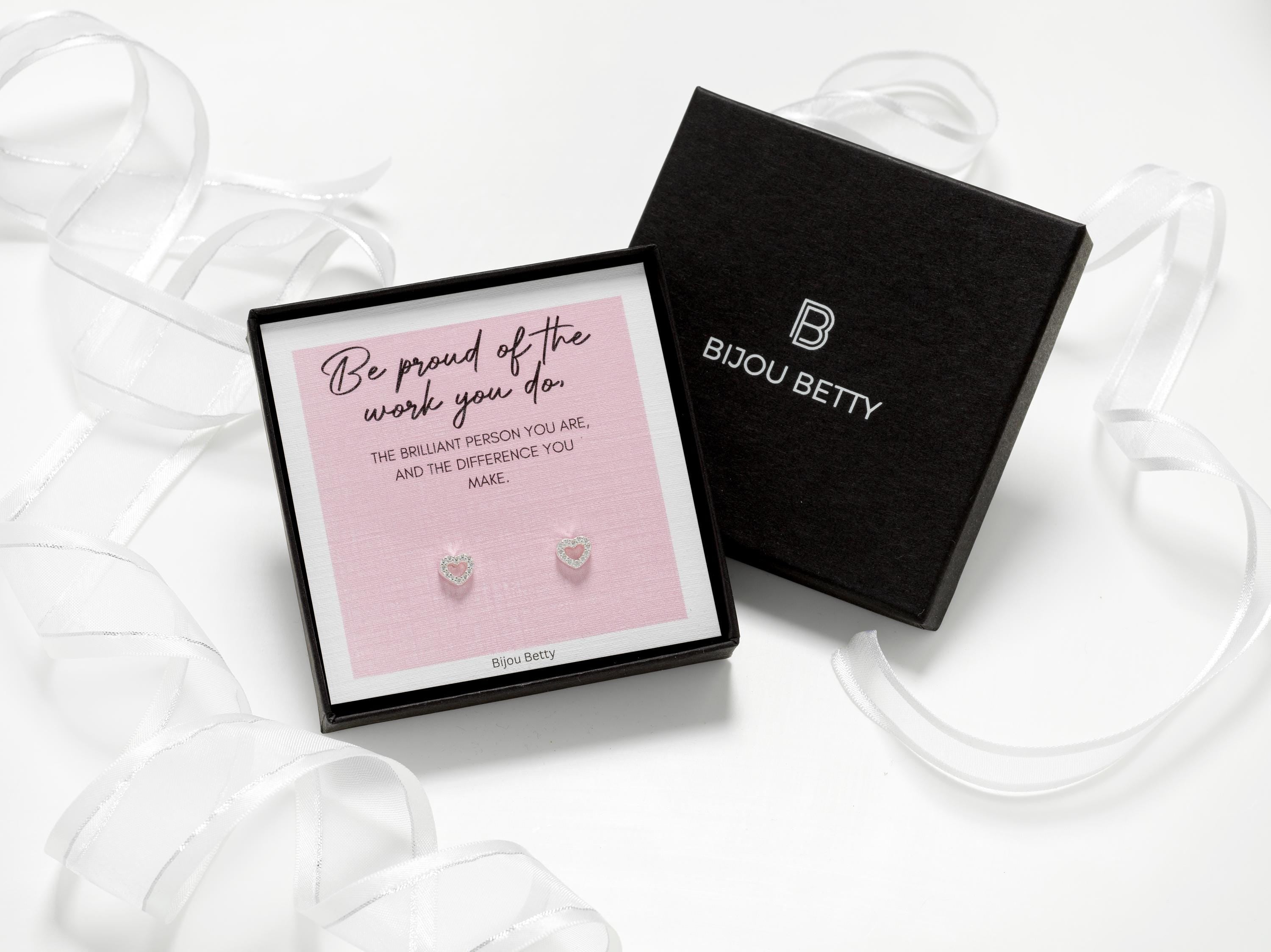 Bijou Betty proud of you earrings with gift bag, tissue, and personalised tag, great for sisters or colleagues.