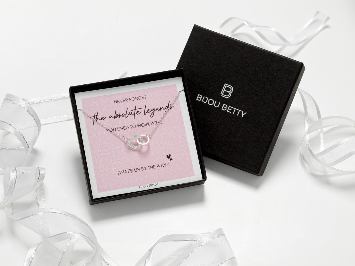 Sterling silver leaving gift for colleague, heart necklace in gift box.