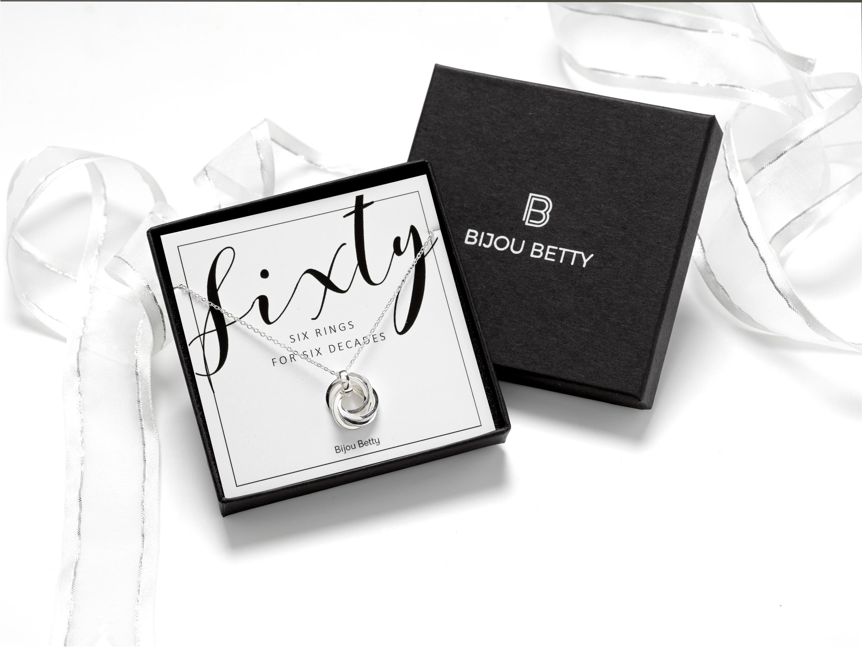 Sterling silver 15mm 6-ring necklace in Bijou Betty gift box with 60th birthday card, ideal for mums.