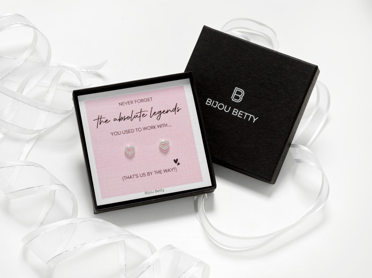 Sterling silver cz heart earrings in a gift box.  Leaving gift for colleague.