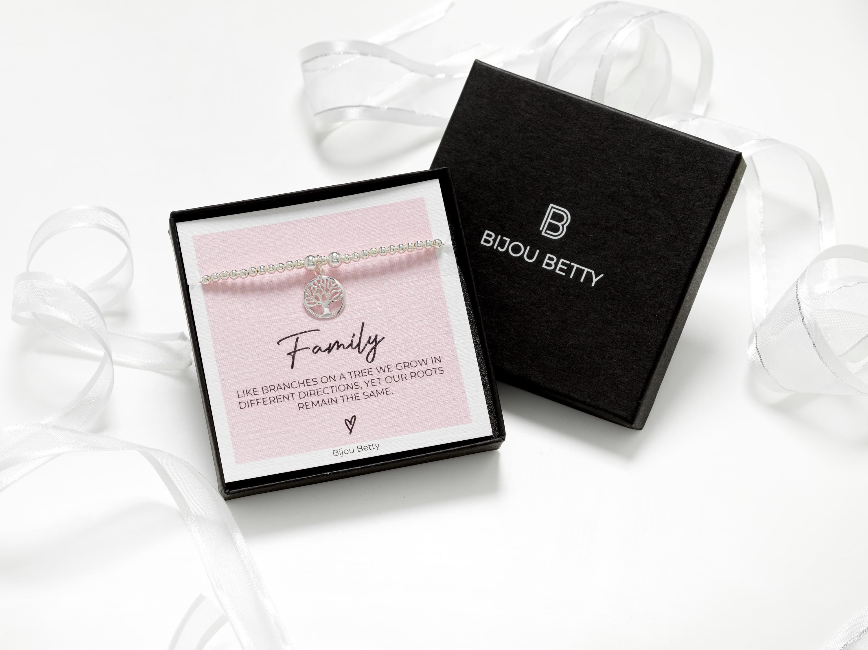 Bijou Betty’s 925 silver tree of life bracelet with 3mm and 5mm beads, 14mm charm, stretch-fit, in a gift box.