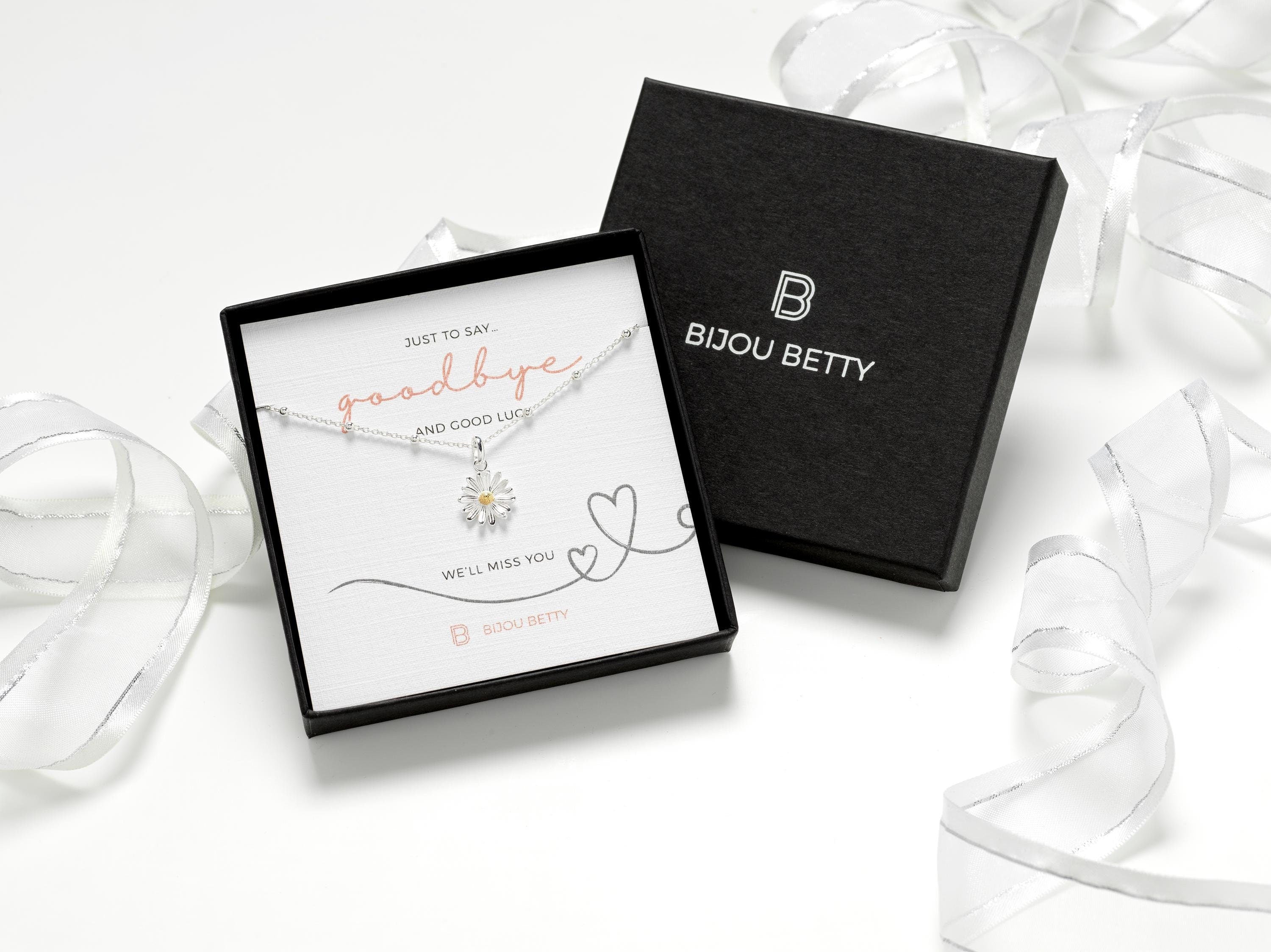 Sterling silver daisy necklace leaving gift for colleague, 12mm pendant, 16-18 inch chain, in Bijou Betty gift box.