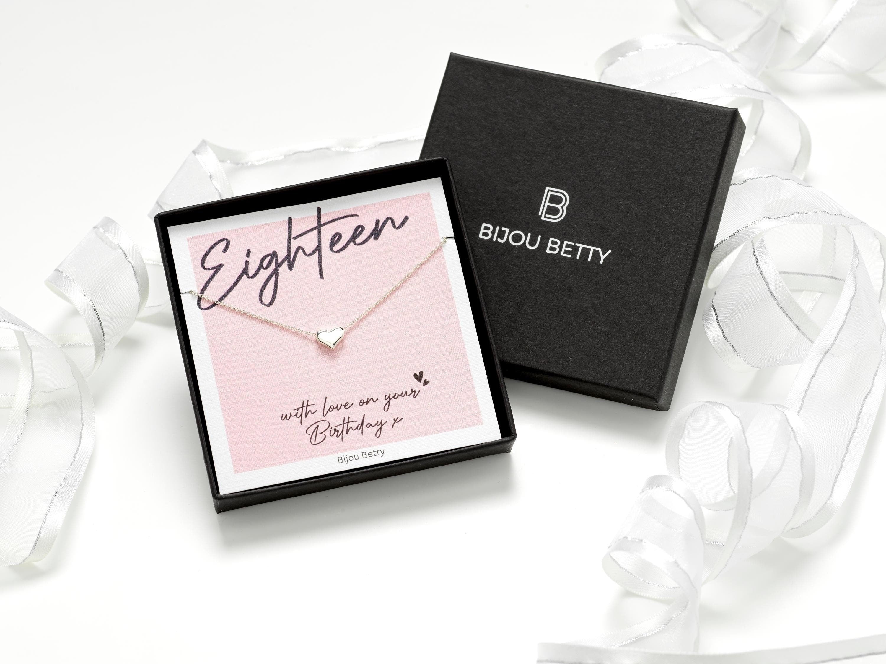 Sterling silver 18th birthday necklace gift, 9mm x 8mm heart pendant, 16-18 inch chain, in Bijou Betty gift box with bag.