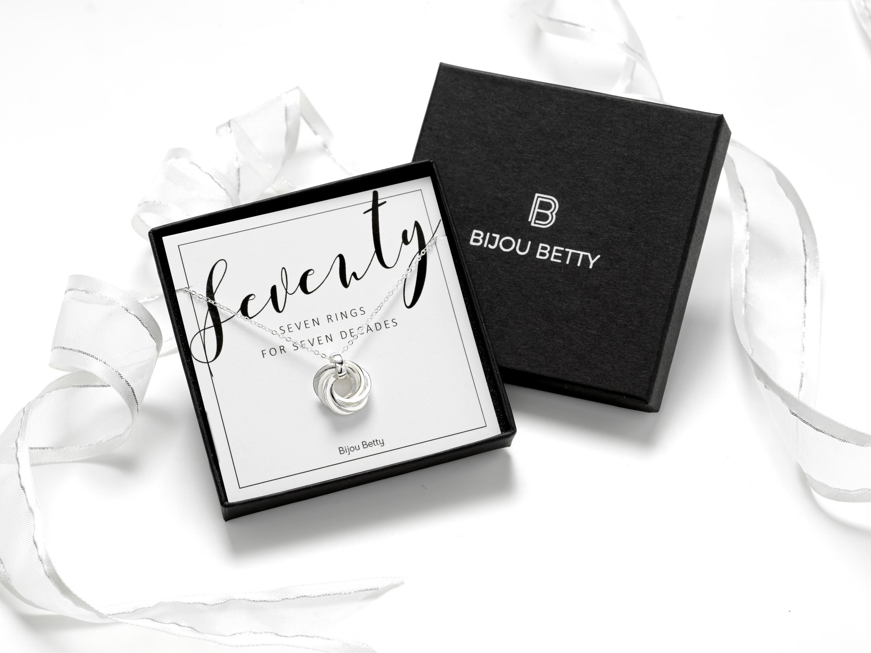 Sterling silver 70th birthday necklace with 14mm 7 rings pendant, adjustable 18-20 inch chain, in gift box with card.