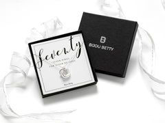 Sterling silver 70th birthday necklace with 14mm 7 rings pendant, adjustable 18-20 inch chain, in gift box with card.