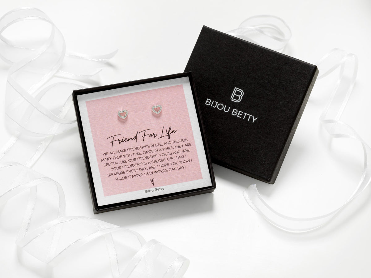 Sterling silver 6mm x 7mm open-heart stud earrings in Bijou Betty gift box with friendship card, ideal for best friend gift.