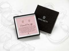 Sterling silver 6mm x 7mm open-heart stud earrings in Bijou Betty gift box with friendship card, ideal for best friend gift.