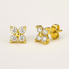 Close-up of 925 gold flower CZ earrings, perfect for work bestie birthday or leaving gift for office friends.