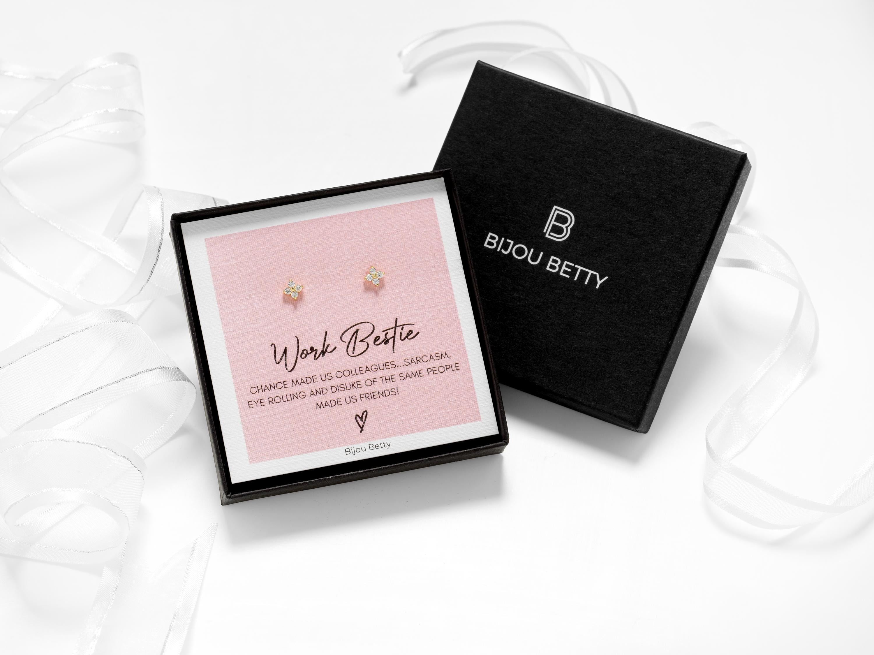 Sterling silver 5.5mm flower stud earrings with CZ gems in Bijou Betty gift box with work bestie card, ideal for colleagues.