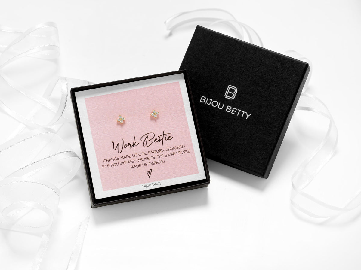 Sterling silver 5.5mm flower stud earrings with CZ gems in Bijou Betty gift box with work bestie card, ideal for colleagues.