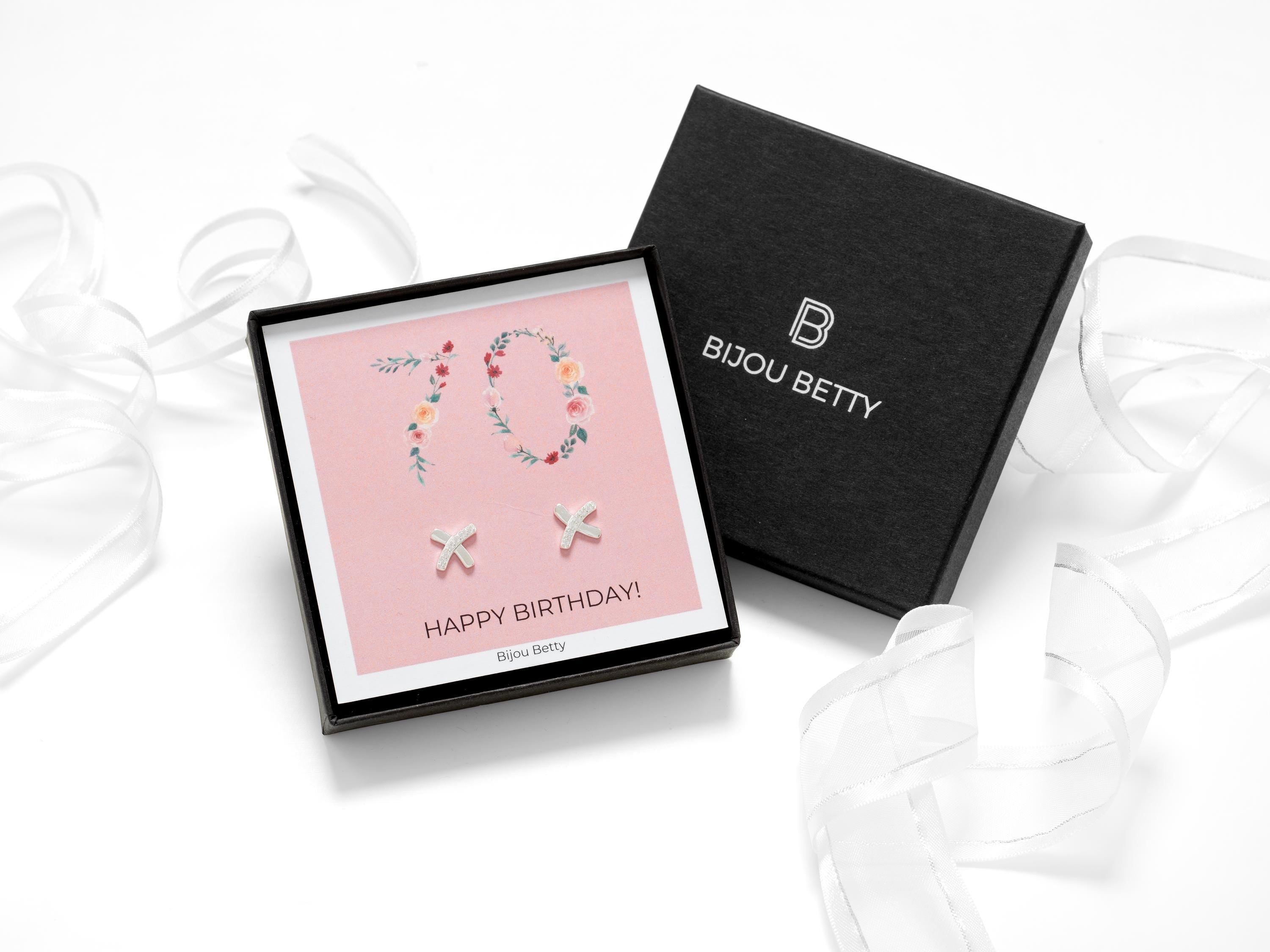 Bijou Betty 70th birthday earrings with gift bag, tissue, and customised tag, ideal for wives or aunts.